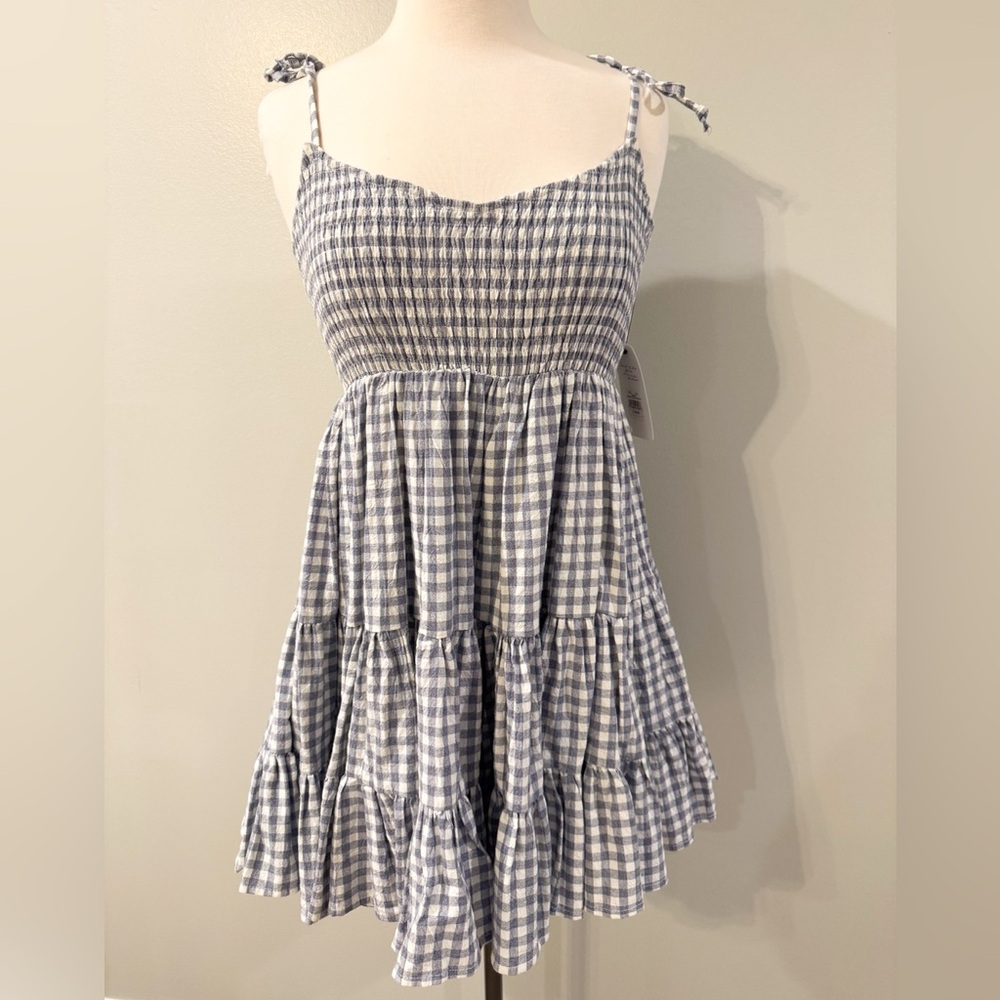 American Threads blue white gingham midi dress size medium NWT